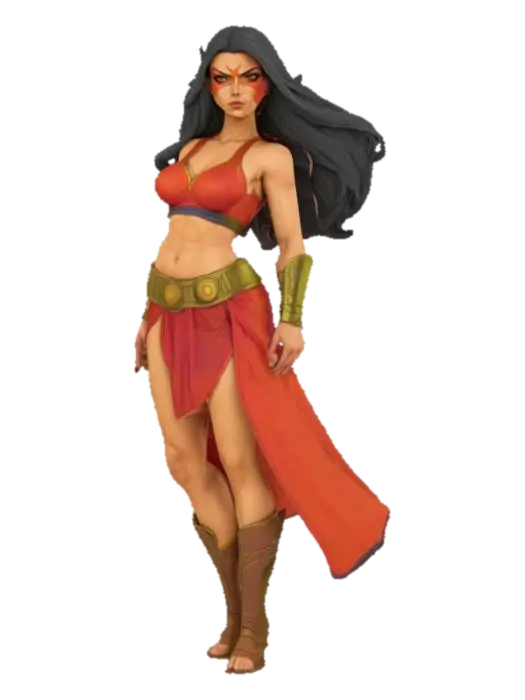 3D model for A cell-shaded comic book character, cell-shaded with thick black hand drawn lines and bold colors, realistic but stylized proportions, a super heroine from ancient times