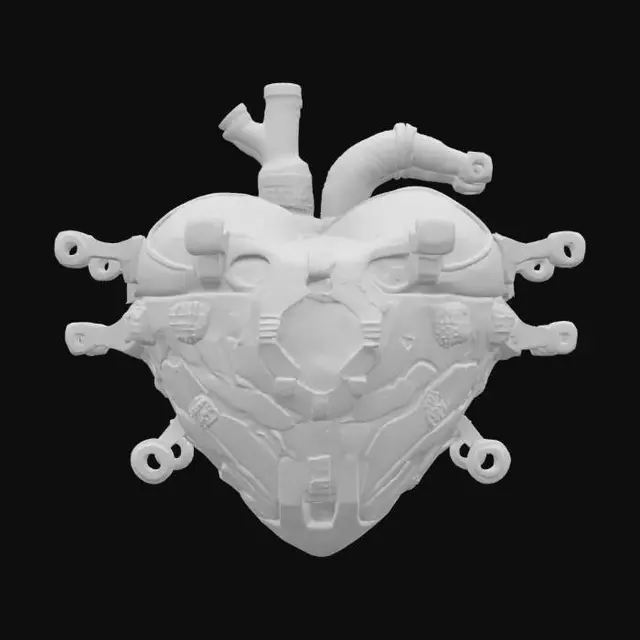 3D model for A hyper-detailed steampunk cybernetic heart emblem, Miyazaki design, Studio Ghibli art style, Howl's Moving Castle style, matte black steel, with rusted and scratched bolts, valves and circuits of glowing neon red lines and dots, 8K detail. Glowing. Sacred. Alive., #emblem#