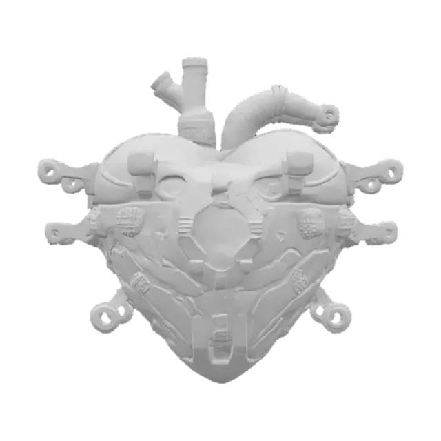 3D model for A hyper-detailed steampunk cybernetic heart emblem, Miyazaki design, Studio Ghibli art style, Howl's Moving Castle style, matte black steel, with rusted and scratched bolts, valves and circuits of glowing neon red lines and dots, 8K detail. Glowing. Sacred. Alive., #emblem#