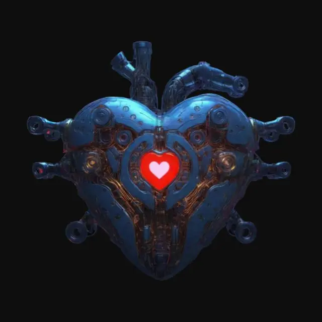 3D model for A hyper-detailed steampunk cybernetic heart emblem, Miyazaki design, Studio Ghibli art style, Howl's Moving Castle style, matte black steel, with rusted and scratched bolts, valves and circuits of glowing neon red lines and dots, 8K detail. Glowing. Sacred. Alive., #emblem#