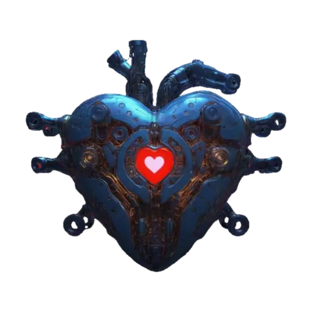 3D model for A hyper-detailed steampunk cybernetic heart emblem, Miyazaki design, Studio Ghibli art style, Howl's Moving Castle style, matte black steel, with rusted and scratched bolts, valves and circuits of glowing neon red lines and dots, 8K detail. Glowing. Sacred. Alive., #emblem#