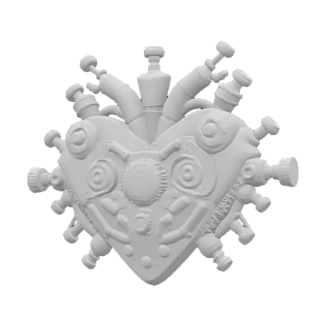 3D model for A hyper-detailed steampunk cybernetic heart emblem, Miyazaki design, Studio Ghibli art style, Howl's Moving Castle style, matte black steel, with rusted and scratched bolts, valves and circuits of glowing neon red lines and dots, 8K detail. Glowing. Sacred. Alive., #emblem#