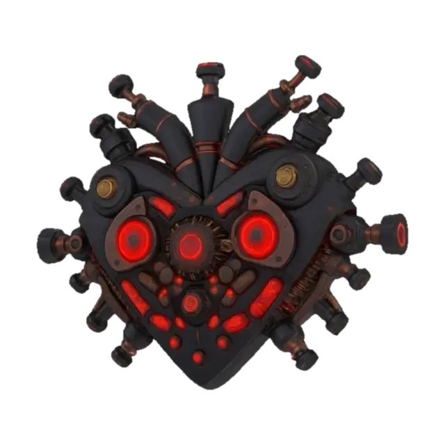 3D model for A hyper-detailed steampunk cybernetic heart emblem, Miyazaki design, Studio Ghibli art style, Howl's Moving Castle style, matte black steel, with rusted and scratched bolts, valves and circuits of glowing neon red lines and dots, 8K detail. Glowing. Sacred. Alive., #emblem#