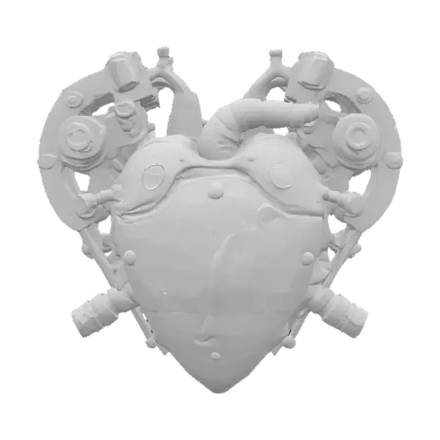 3D model for A hyper-detailed steampunk cybernetic heart emblem, Miyazaki design, Studio Ghibli art style, Howl's Moving Castle style, matte black steel, with rusted and scratched bolts, valves and circuits of glowing neon red lines and dots, 8K detail. Glowing. Sacred. Alive., #emblem#