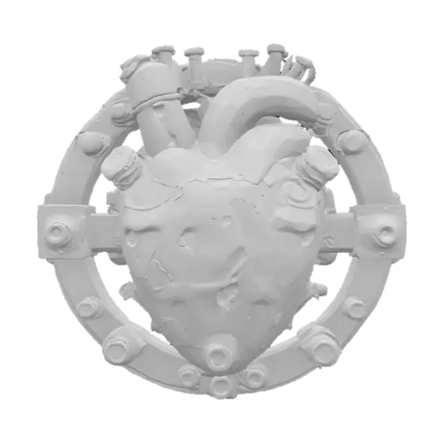 3D model for A hyper-detailed steampunk cybernetic heart emblem, Sci-fi ultra-realism, matte black steel, with rusted and scratched bolts, valves and circuits of glowing neon red lines and dots, 8K detail. Glowing. Sacred. Alive., #emblem#