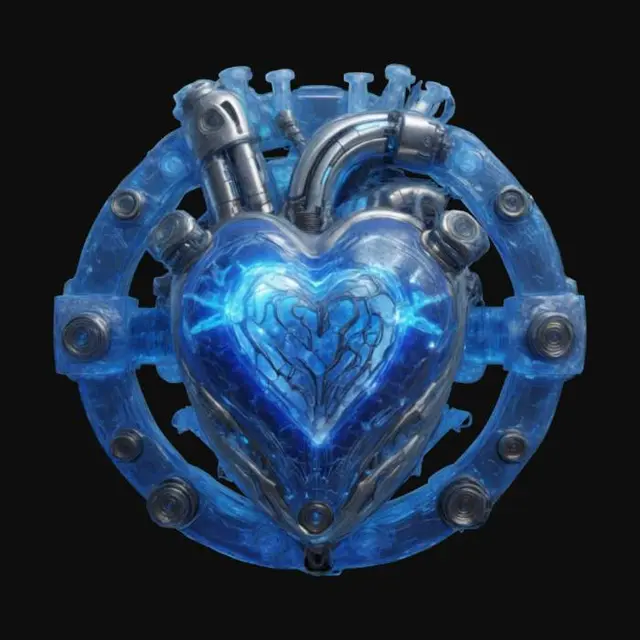 3D model for A hyper-detailed steampunk cybernetic heart emblem, Sci-fi ultra-realism, matte black steel, with rusted and scratched bolts, valves and circuits of glowing neon red lines and dots, 8K detail. Glowing. Sacred. Alive., #emblem#