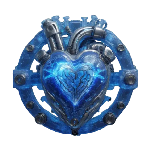 3D model for A hyper-detailed steampunk cybernetic heart emblem, Sci-fi ultra-realism, matte black steel, with rusted and scratched bolts, valves and circuits of glowing neon red lines and dots, 8K detail. Glowing. Sacred. Alive., #emblem#