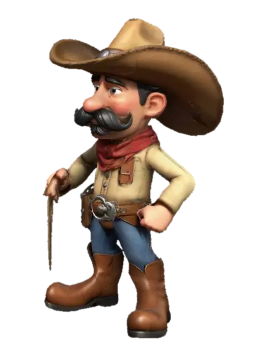 Design a humorous cartoon cowboy character for a hangman game. The character should… - Texas 3D model, vytvořený pomocí AI