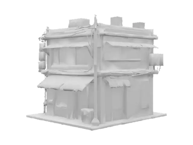 3D model for  Tokyo street-side structure with visible neon signage on the front and utilitarian details on the back (e.g., AC units, ducts, wiring).Geometry: visibly low‑poly with blocky, clean silhouette and slightly exaggerated proportions (toylike scale).
Front façade: stylized Tokyo storefront—neon katakana signs, glowing window panels, small shop awnings, and vending machines.
 Rear façade: exposed piping, wall-mounted AC units, tangled cables, and a rooftop ladder or water tank.
Lighting: Blinn/Phong; strong key light angled diagonally; soft rim light; light-emitting signs baked into the texture, not emissive.
Visual style: early-2000s console feelsaturated but limited color palette, subtle JPEG compression artifacts, light dithering in shadows.