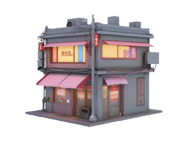 3D model for  Tokyo street-side structure with visible neon signage on the front and utilitarian details on the back (e.g., AC units, ducts, wiring).Geometry: visibly low‑poly with blocky, clean silhouette and slightly exaggerated proportions (toylike scale).
Front façade: stylized Tokyo storefront—neon katakana signs, glowing window panels, small shop awnings, and vending machines.
 Rear façade: exposed piping, wall-mounted AC units, tangled cables, and a rooftop ladder or water tank.
Lighting: Blinn/Phong; strong key light angled diagonally; soft rim light; light-emitting signs baked into the texture, not emissive.
Visual style: early-2000s console feelsaturated but limited color palette, subtle JPEG compression artifacts, light dithering in shadows.