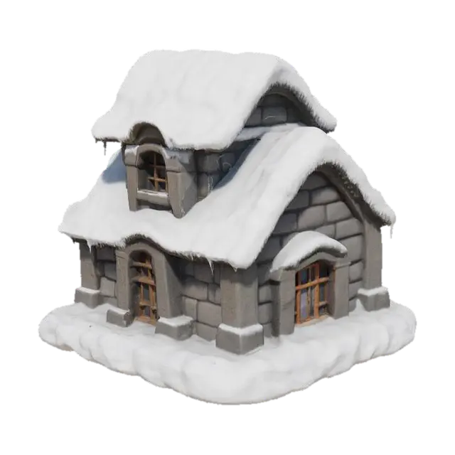 Snowy Stone Cabin 3D model, vytvořený pomocí AI