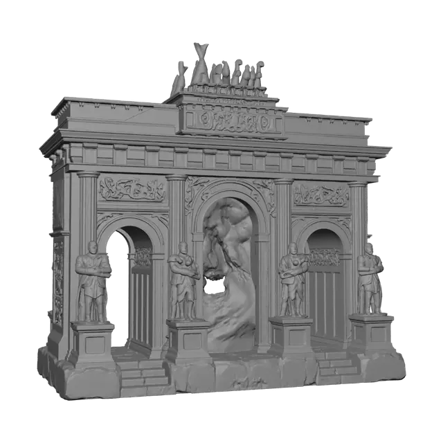 3D model for Mythisches deutsches Wächtertor, inspiriert von klassischer Berliner Architektur, monumentale Fantasy-Festung aus verwittertem schwarzem Granit, Obsidian und Bronze, reich verzierte germanische Reliefs, vier steinerne Wächter, dezent leuchtende smaragdgrüne Runen, mächtiges magisches Portal mit wirbelnder Energie in Schwarz, Rot und Gold als Blickfang, moosbewachsene Steine, Efeu, uralte Patina, goldene Quadriga mit leuchtendem Adler, epische Atmosphäre, dramatisches Licht, fotorealistische PBR-Materialien, extrem detailliert, AAA-Game-Asset, Unreal Engine 5, saubere Geometrie, zentriert, freigestellt, ohne Schild, ohne Text.