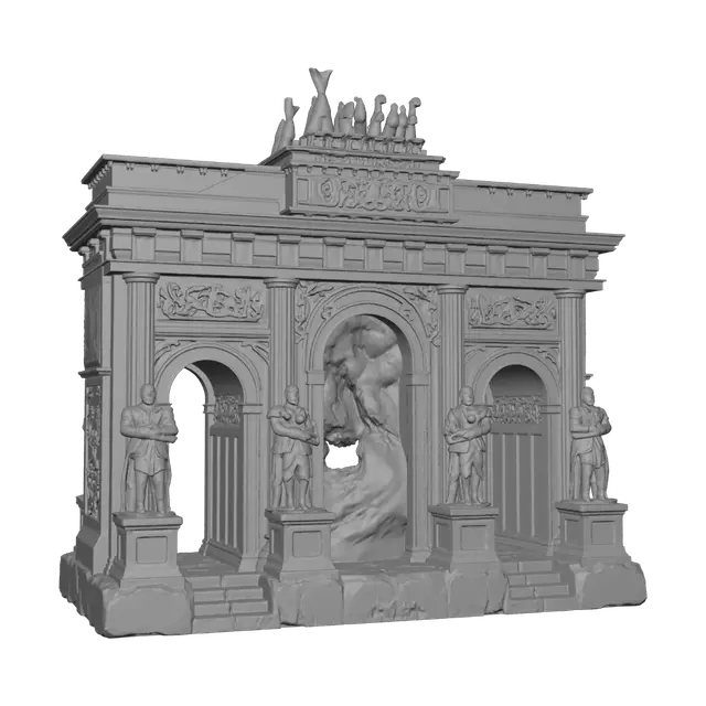 3D model for Mythisches deutsches Wächtertor, inspiriert von klassischer Berliner Architektur, monumentale Fantasy-Festung aus verwittertem schwarzem Granit, Obsidian und Bronze, reich verzierte germanische Reliefs, vier steinerne Wächter, dezent leuchtende smaragdgrüne Runen, mächtiges magisches Portal mit wirbelnder Energie in Schwarz, Rot und Gold als Blickfang, moosbewachsene Steine, Efeu, uralte Patina, goldene Quadriga mit leuchtendem Adler, epische Atmosphäre, dramatisches Licht, fotorealistische PBR-Materialien, extrem detailliert, AAA-Game-Asset, Unreal Engine 5, saubere Geometrie, zentriert, freigestellt, ohne Schild, ohne Text.