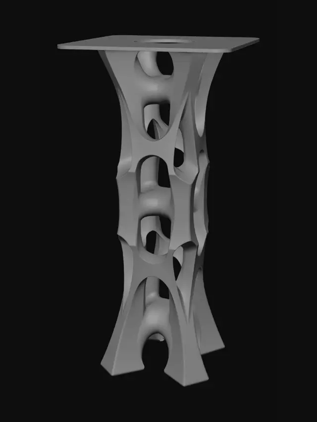 3D model for Side table — 700 mm tall, 500 × 500 mm footprint. Aesthetic: dense cluster of colliding angular polyhedra — truncated pyramids, rhombohedra, irregular prisms, and wedge forms intersecting at conflicting angles. All edges sharp and hard: no smoothing, no beveling, no chamfering, no organic transitions anywhere. Planar faces only; zero curved surfaces. Minimum 12 distinct intersecting solid forms across the full height. Tabletop: flat, solid, horizontal, 10 mm thick, no perforations. Base: fully closed manifold, stable flat contact surface. Minimum wall 3 mm. FDM constraints: overhangs ≤ 45°, no bridges, fully self-supporting, zero external supports. Segmented for 250 × 250 × 250 mm print bed; peg-socket joints at interfaces. Material: PLA. Units: mm.