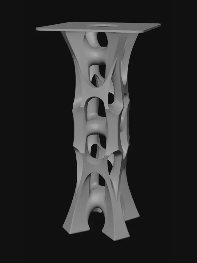3D model for Side table — 700 mm tall, 500 × 500 mm footprint. Aesthetic: dense cluster of colliding angular polyhedra — truncated pyramids, rhombohedra, irregular prisms, and wedge forms intersecting at conflicting angles. All edges sharp and hard: no smoothing, no beveling, no chamfering, no organic transitions anywhere. Planar faces only; zero curved surfaces. Minimum 12 distinct intersecting solid forms across the full height. Tabletop: flat, solid, horizontal, 10 mm thick, no perforations. Base: fully closed manifold, stable flat contact surface. Minimum wall 3 mm. FDM constraints: overhangs ≤ 45°, no bridges, fully self-supporting, zero external supports. Segmented for 250 × 250 × 250 mm print bed; peg-socket joints at interfaces. Material: PLA. Units: mm.