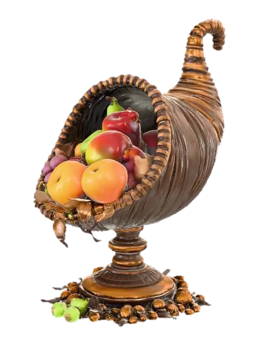 A cornucopia on a majestic base, themed for thanksgiving. The cornucopia has… 3D model, vytvořený pomocí AI