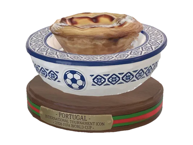3D model for “Design a landmark-scale 3D cultural icon that represents Portugal at an international tournament. The piece should be a single, iconic symbol that unmistakably defines the nation—choose one of: a famous landmark, a signature dish, or a revered cultural object
Subject: Portugal’s iconic pastel de nata in a handcrafted ceramic dish, topped with a generous dusting of cinnamon and powdered sugar, with a warm, glossy custard center and a flaky, golden crust. Include subtle azulejo tile motifs (blue-and-white pattern) embossed on the ceramic dish rim.

Style: polished, tournament-hero aesthetic; clean geometry with strong silhouette; museum-quality detail; slightly stylized .

I want to make this soccer related as well as the country flag the actual flag around it .2026 fifa world cup on plaque