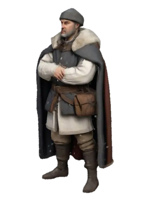T pose, realistic model of a medieval merchant in winter clothes - Trader 3D model, vytvořený pomocí AI