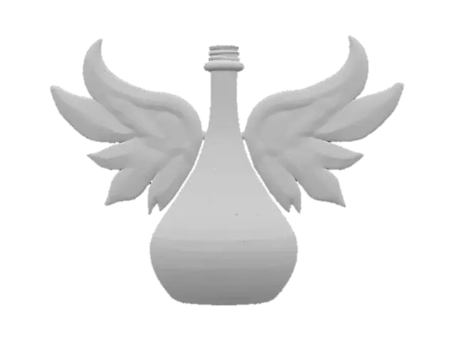 3D model for An asymmetrical magic bottle adorned with wing-like decorations. Its midnight black body is painted with flowing star patterns, embellished with a fine pearlescent shimmer, and tilts as if poised for flight. The opening is sealed by two outstretched, translucent purple "demon wings" forming the stopper, while a pulsating green cat's eye stone is embedded centrally. The bottle feels smooth and cool, with an eerie yet captivating form, radiating the allure of forbidden magic.