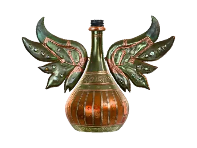 3D model for An asymmetrical magic bottle adorned with wing-like decorations. Its midnight black body is painted with flowing star patterns, embellished with a fine pearlescent shimmer, and tilts as if poised for flight. The opening is sealed by two outstretched, translucent purple "demon wings" forming the stopper, while a pulsating green cat's eye stone is embedded centrally. The bottle feels smooth and cool, with an eerie yet captivating form, radiating the allure of forbidden magic.