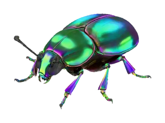 3D model for A small, stylized beetle, its robust, segmented carapace gleaming with an extraordinary iridescent sheen, shifting from deep emerald green to sapphire blue and fiery bronze as light catches its surface. The material appears to be a highly polished, hard metallic alloy, giving it a smooth yet incredibly rigid feel. Its delicate antennae and segmented legs also possess this lustrous finish, suggesting a creature of both natural form and precious, sculpted artistry.