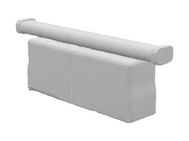 3D model for A heavy, immovable street barrier, composed of a solid, rectangular concrete block with a single, thick horizontal bar cast directly into its upper section. The concrete is a uniform light grey, with a coarse, porous texture visible on its surface, showing minor chips and abrasions. The embedded bar feels as rough as the concrete itself. This barrier feels cold and exceptionally solid, conveying a sense of permanence and unyielding strength.