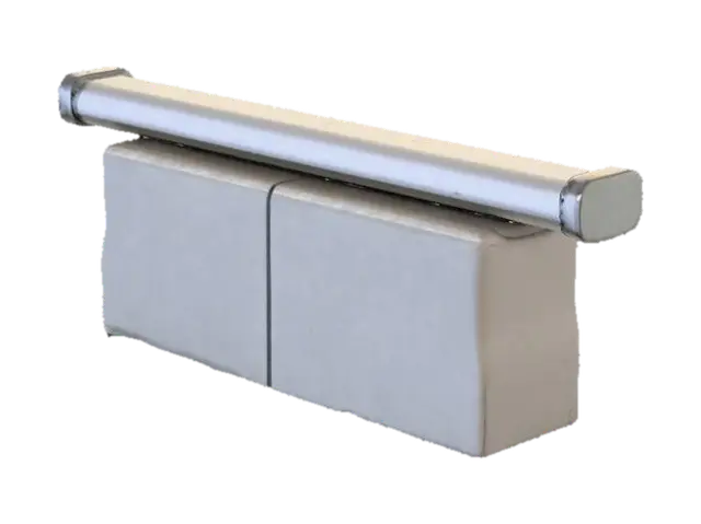 3D model for A heavy, immovable street barrier, composed of a solid, rectangular concrete block with a single, thick horizontal bar cast directly into its upper section. The concrete is a uniform light grey, with a coarse, porous texture visible on its surface, showing minor chips and abrasions. The embedded bar feels as rough as the concrete itself. This barrier feels cold and exceptionally solid, conveying a sense of permanence and unyielding strength.