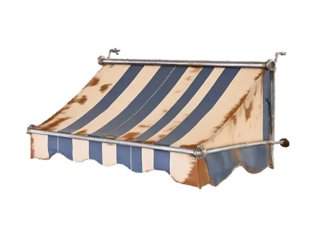 A weathered fabric awning, featuring alternating dark grey and off-white vertical… - Canvas 3D model, vytvořený pomocí AI