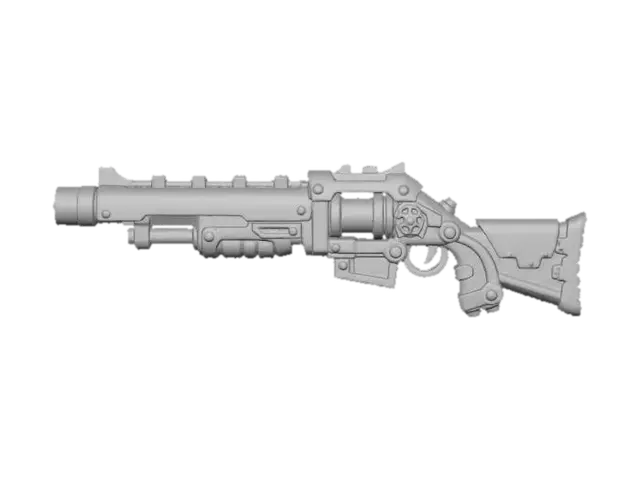 3D model for Stylized steampunk rifle with orange metal plating, blue-gray steel frame, glowing energy chamber, and heat-burned paint edges. Soft rim lighting, hand-painted stylized metal texture, high contrast warm vs cool tones, thick proportions, black background, Torchlight-style fantasy tech weapon.