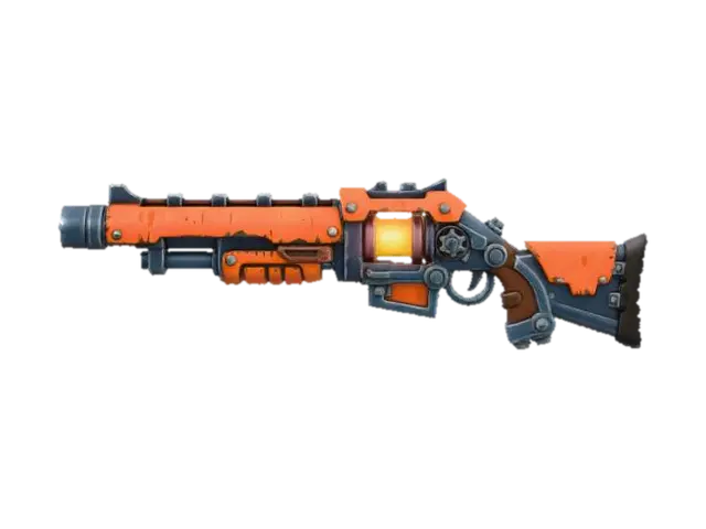 3D model for Stylized steampunk rifle with orange metal plating, blue-gray steel frame, glowing energy chamber, and heat-burned paint edges. Soft rim lighting, hand-painted stylized metal texture, high contrast warm vs cool tones, thick proportions, black background, Torchlight-style fantasy tech weapon.