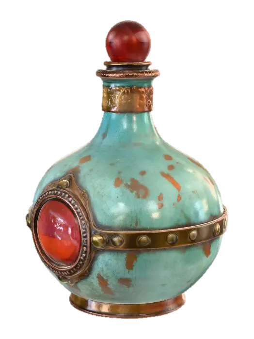 A squat, round-bodied apothecary bottle, predominantly aged copper, heavily… - Filigree 3D model, vytvořený pomocí AI
