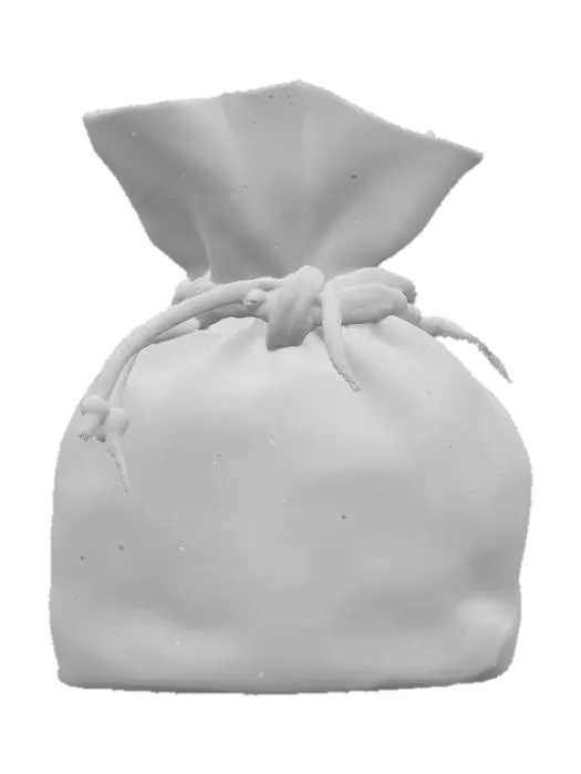 3D model for A worn leather pouch, small and cylindrical, crafted from thick, pliable cowhide with a slightly scuffed, matte finish. Its surface shows subtle creases from age, and a crude, dark twine cinches the opening. The material feels soft yet durable to the touch, and its earthy brown color is consistent throughout, suggesting a utilitarian, natural aesthetic.