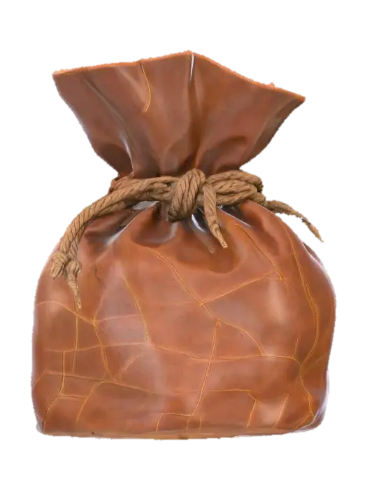 3D model for A worn leather pouch, small and cylindrical, crafted from thick, pliable cowhide with a slightly scuffed, matte finish. Its surface shows subtle creases from age, and a crude, dark twine cinches the opening. The material feels soft yet durable to the touch, and its earthy brown color is consistent throughout, suggesting a utilitarian, natural aesthetic.