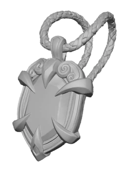 3D model for A stylized glowing amulet made of cracked emerald crystal, wrapped in aged bronze filigree with glowing runes, hanging from a leather cord, hand-painted fantasy texture, soft rim light, dark background, Blizzard-style fantasy prop.