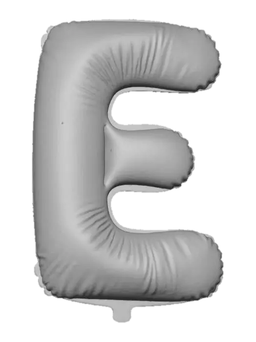 3D model for A captivating, large capital letter E balloon, featuring a striking gradient from a fiery crimson to a vibrant lemon yellow, is showcased against a pale, neutral beige wall. This intense color blend is applied to a high-sheen, reflective foil material, giving it a festive, almost mirror-like quality. The E's shape is bold and full-bodied, conveying impressive volume and an airy lightness. Its texture is crisp and smooth, hinting at a delicate, crinkly surface upon closer inspection.