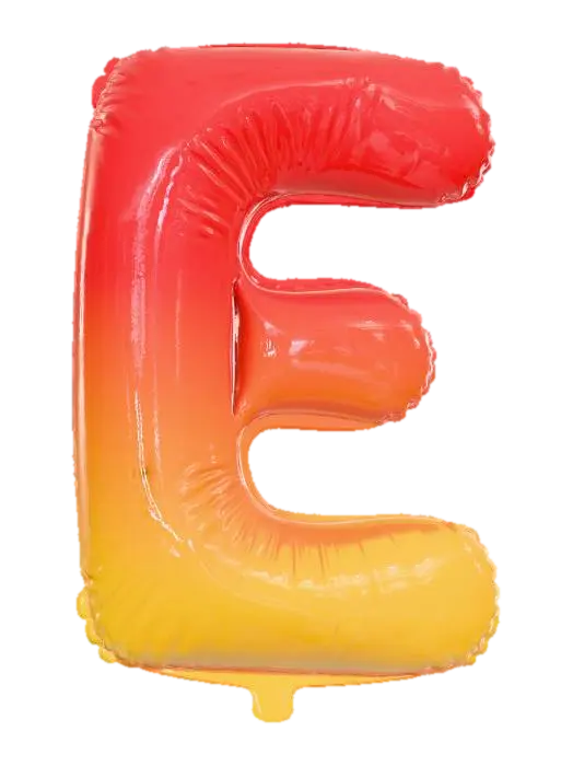 3D model for A captivating, large capital letter E balloon, featuring a striking gradient from a fiery crimson to a vibrant lemon yellow, is showcased against a pale, neutral beige wall. This intense color blend is applied to a high-sheen, reflective foil material, giving it a festive, almost mirror-like quality. The E's shape is bold and full-bodied, conveying impressive volume and an airy lightness. Its texture is crisp and smooth, hinting at a delicate, crinkly surface upon closer inspection.