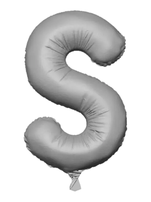 3D model for An artistic capital letter S, rendered as a sophisticated, inflated balloon with a luxurious metallic gradient, is highlighted against a plain, light grey backdrop. It shifts smoothly from a warm rose gold on its outer edges to a sleek, polished silver in its core, offering an upscale, contemporary appeal. The balloon's form is meticulously crafted with flowing, elegant curves, embodying a stable yet aerodynamically buoyant structure. Its texture is smooth and cool to the touch, reflecting ambient light with a soft, elegant sheen.