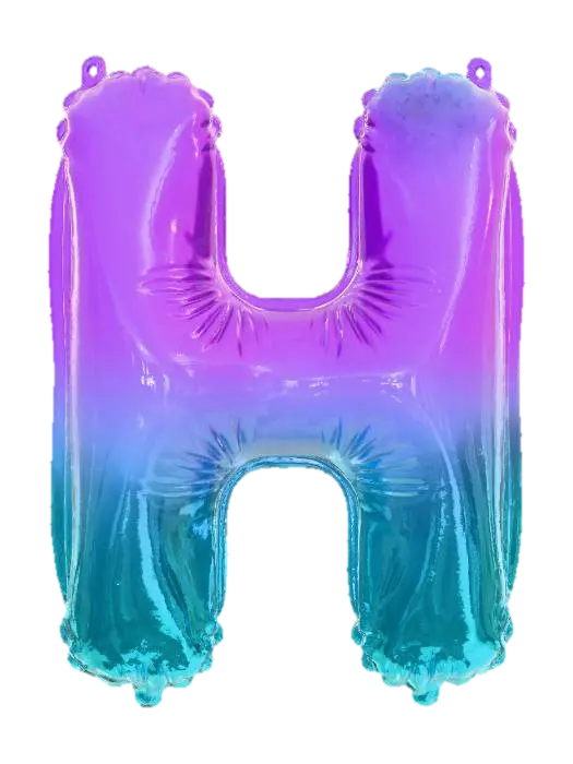3D model for A celebratory, large capital letter H balloon, featuring a captivating gradient from a sparkling amethyst purple to a cheerful sky blue, is presented against a soft, unfocused pale yellow wall. This intense color blend is applied to a high-sheen, reflective foil material, giving it a festive, almost jewel-toned quality. The H's shape is bold and full-bodied, conveying impressive volume and an airy lightness. Its texture is crisp and smooth, hinting at a delicate, crinkly surface upon gentle touch.