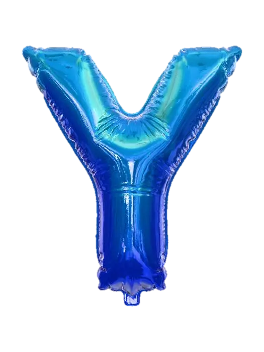 3D model for A striking, inflated capital letter Y, designed as a large, ascending balloon, is featured against a clear, plain white background. Its surface showcases a vibrant gradient from a deep indigo at the base to a brilliant, celestial blue at the branching arms, enhanced by a glossy, reflective mylar finish. The letter's elegant structure is full and robust, yet conveys an effortless lightness, with a smooth, taut texture that suggests graceful buoyancy and readiness to float higher.