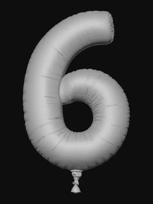 3D model for An elegantly modern digit 6, rendered as a sophisticated, inflated balloon with a luxurious metallic gradient, is positioned against a plain, deep charcoal grey backdrop. It shifts smoothly from a warm antiqued gold on its outer loop to a cool, polished silver at its inner curve, offering an understated yet rich appeal. The balloon's form is sharply defined and volumetrically balanced, embodying a stable yet aerodynamically light structure. Its texture is smooth and cool to the touch, reflecting light with a subtle, contemporary sheen.