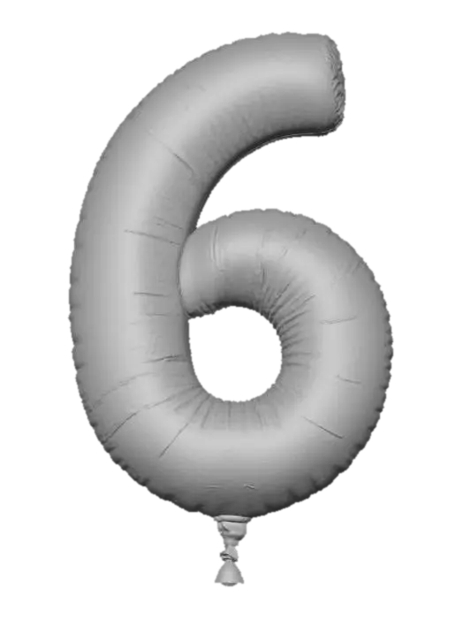 3D model for An elegantly modern digit 6, rendered as a sophisticated, inflated balloon with a luxurious metallic gradient, is positioned against a plain, deep charcoal grey backdrop. It shifts smoothly from a warm antiqued gold on its outer loop to a cool, polished silver at its inner curve, offering an understated yet rich appeal. The balloon's form is sharply defined and volumetrically balanced, embodying a stable yet aerodynamically light structure. Its texture is smooth and cool to the touch, reflecting light with a subtle, contemporary sheen.