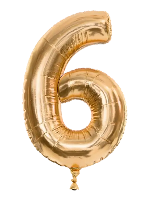 3D model for An elegantly modern digit 6, rendered as a sophisticated, inflated balloon with a luxurious metallic gradient, is positioned against a plain, deep charcoal grey backdrop. It shifts smoothly from a warm antiqued gold on its outer loop to a cool, polished silver at its inner curve, offering an understated yet rich appeal. The balloon's form is sharply defined and volumetrically balanced, embodying a stable yet aerodynamically light structure. Its texture is smooth and cool to the touch, reflecting light with a subtle, contemporary sheen.