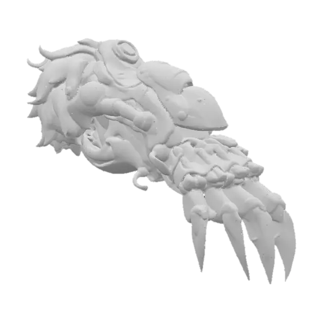 3D model for  grey mechanical claw in the style of an Overwatch character design, with black and orange details on a gray background
