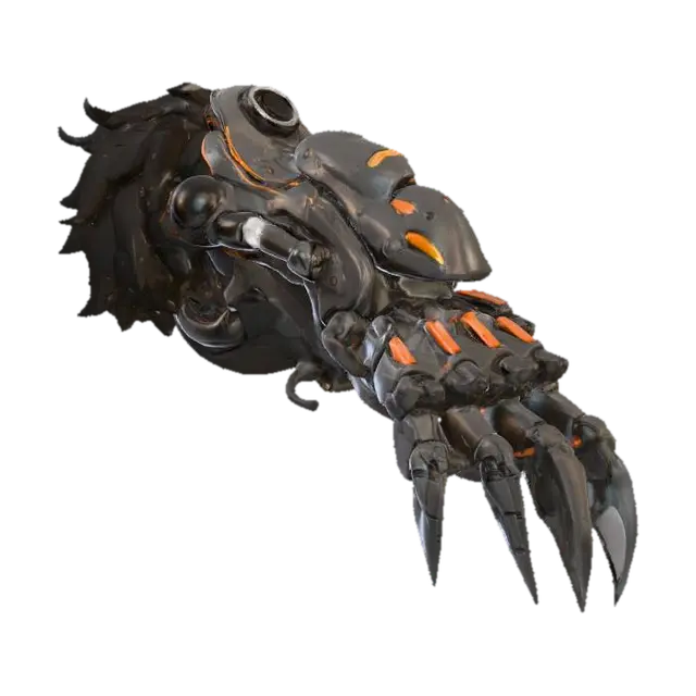 3D model for  grey mechanical claw in the style of an Overwatch character design, with black and orange details on a gray background