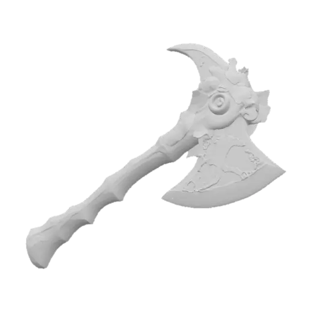 3D model for 一把风格化的战斧，拥有宽阔且棱角分明的斧刃，其木质斧柄上雕刻着密集的秋叶和缠绕藤蔓图案，呈现出深红、焦橙与金黄的斑斓色彩。斧刃由抛光的暗色金属打造，与木柄形成对比。整体造型充满力量感，木材的温润与金属的锋利相结合，触感冰凉而坚实，散发出秋林深处的野性与神秘。