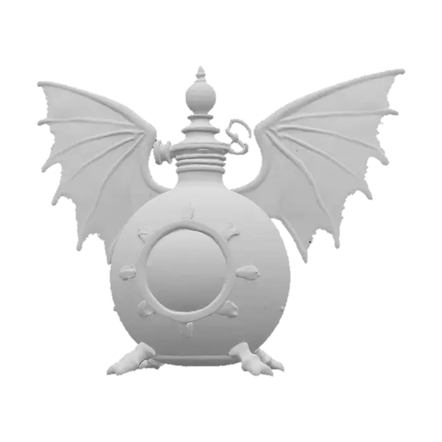 3D model for A mid-sized potion flask, distinguished by its stylized, symmetrical wings extending from each side. The flask's main body is patinated copper, exhibiting a distinct greenish oxidation and subtle worn edges that reveal the underlying metal. Polished brass piping gracefully outlines the wings and body seams, secured with small rivets. A vivid circular red glass module is centrally positioned on the front, firmly held by ornate brass claws. The flask presents a blend of rugged and refined textures.