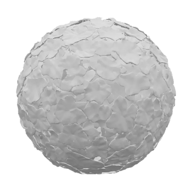 3D model for 一个由盛开的绣球花组成的球形花束，每一朵小花都紧密地簇拥在一起，形成一个饱满的球体。花瓣呈现出柔和的蓝紫色调，边缘略带粉红或白色，显得饱满而富有层次感。花瓣材质细腻如纸，触感柔软而略带弹性，整体感觉轻盈且充满蓬松的生命力。