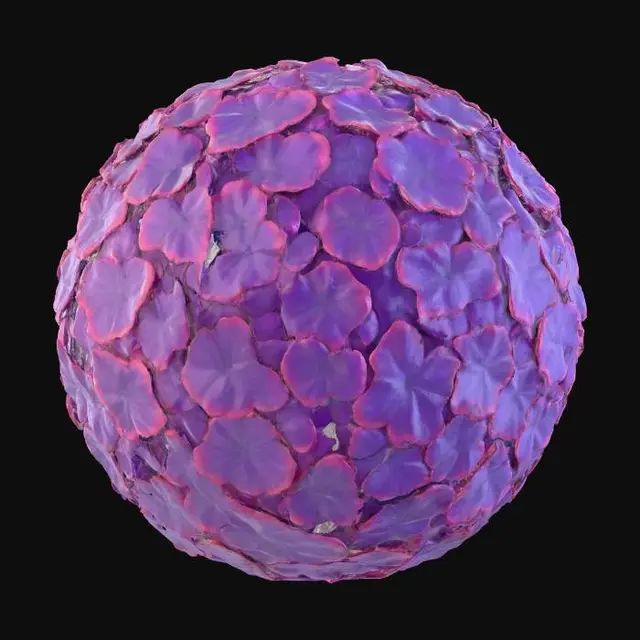 3D model for 一个由盛开的绣球花组成的球形花束，每一朵小花都紧密地簇拥在一起，形成一个饱满的球体。花瓣呈现出柔和的蓝紫色调，边缘略带粉红或白色，显得饱满而富有层次感。花瓣材质细腻如纸，触感柔软而略带弹性，整体感觉轻盈且充满蓬松的生命力。