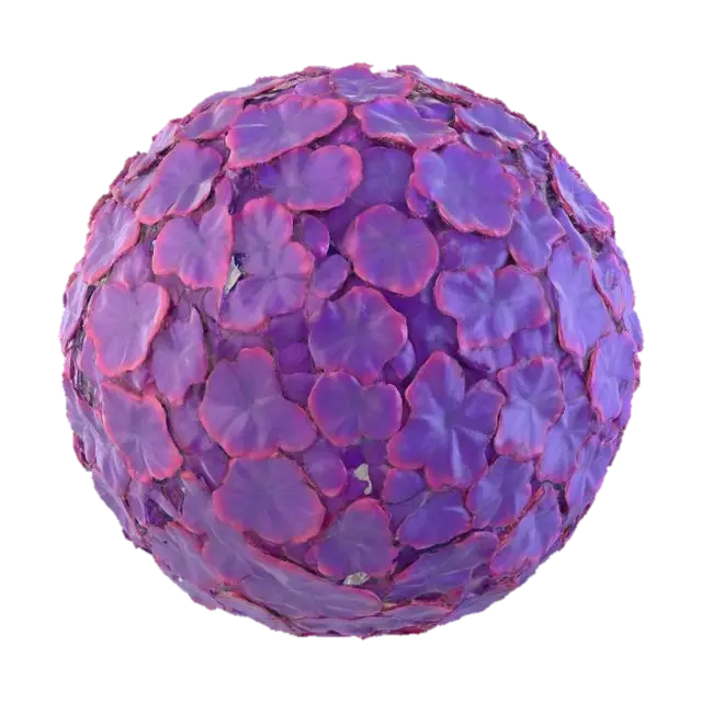 3D model for 一个由盛开的绣球花组成的球形花束，每一朵小花都紧密地簇拥在一起，形成一个饱满的球体。花瓣呈现出柔和的蓝紫色调，边缘略带粉红或白色，显得饱满而富有层次感。花瓣材质细腻如纸，触感柔软而略带弹性，整体感觉轻盈且充满蓬松的生命力。