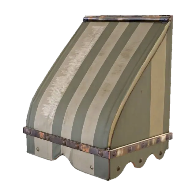 3D model for A weathered fabric awning, featuring alternating dark grey and off-white vertical stripes. Its surface shows visible signs of aging, with subtle rust-colored stains and fading on the fabric. The awning is constructed from multiple panels, creating a gently undulating, folded structure. Several orange-brown, oval-shaped buttons or fixtures are evenly spaced along its top edge. The fabric feels coarse and somewhat stiff from exposure, while the buttons appear solid, giving the entire piece a worn, utilitarian yet classic street-side aesthetic.